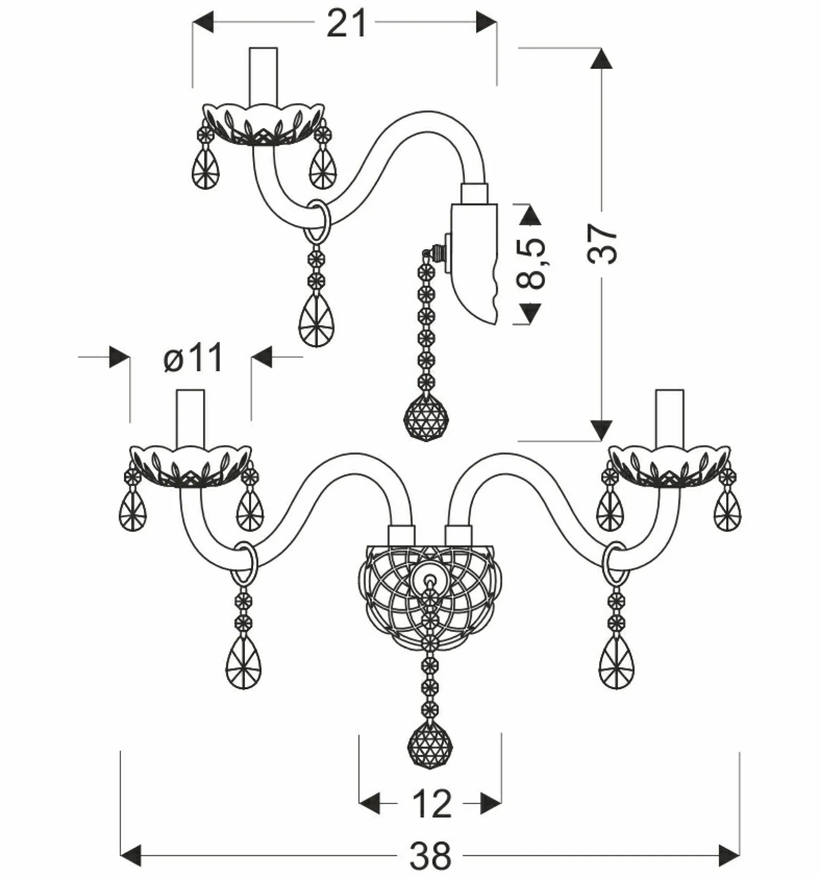 Sklep Kaja Dwuramienna, kryształowa lampa ścienna 22-30276 CRISTALLO | Kaja* Kinkiety Tradycyjne