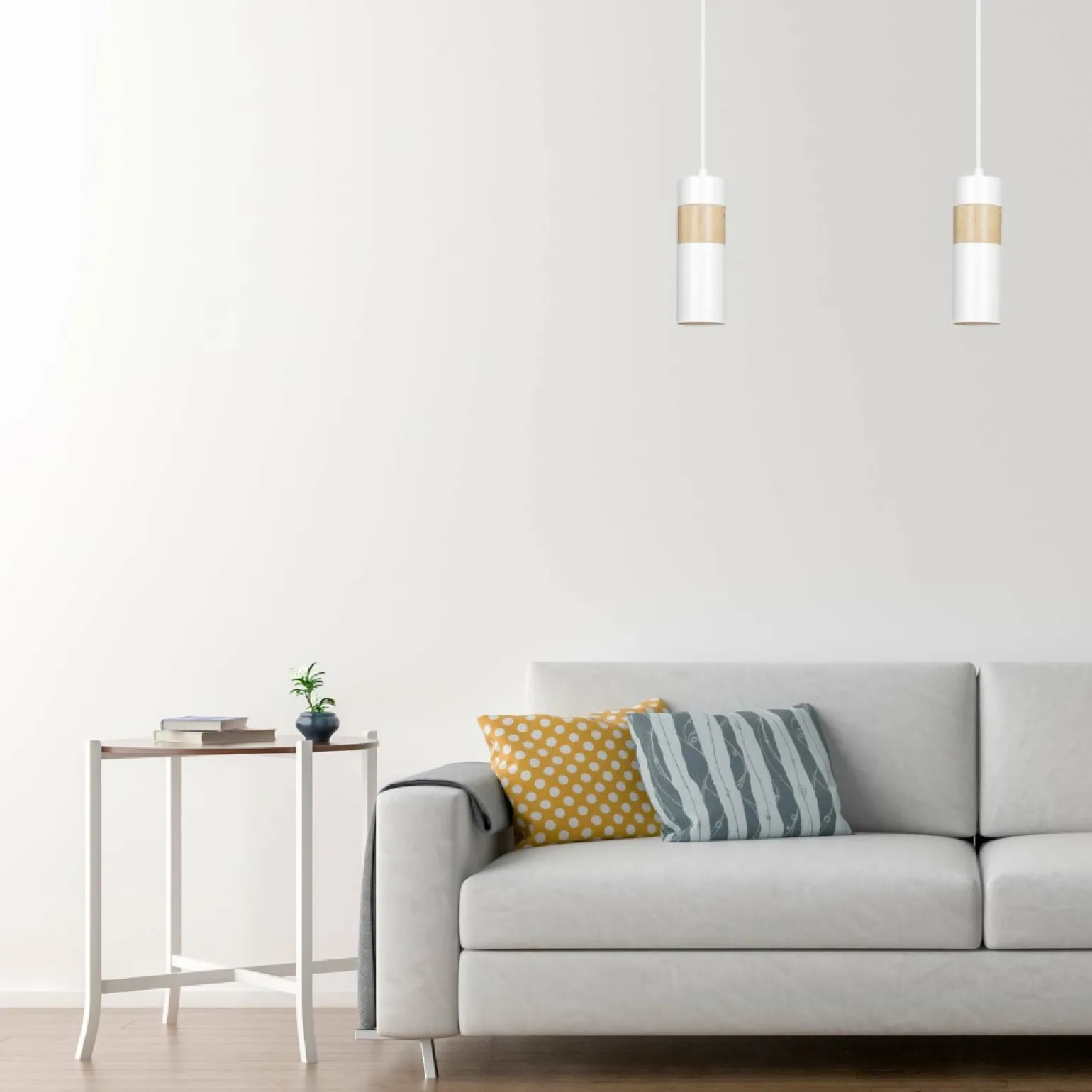 Outlet Pojedyncza biała lampa wisząca z drewnem 733/1 z serii AKA Żyrandole Nowoczesne