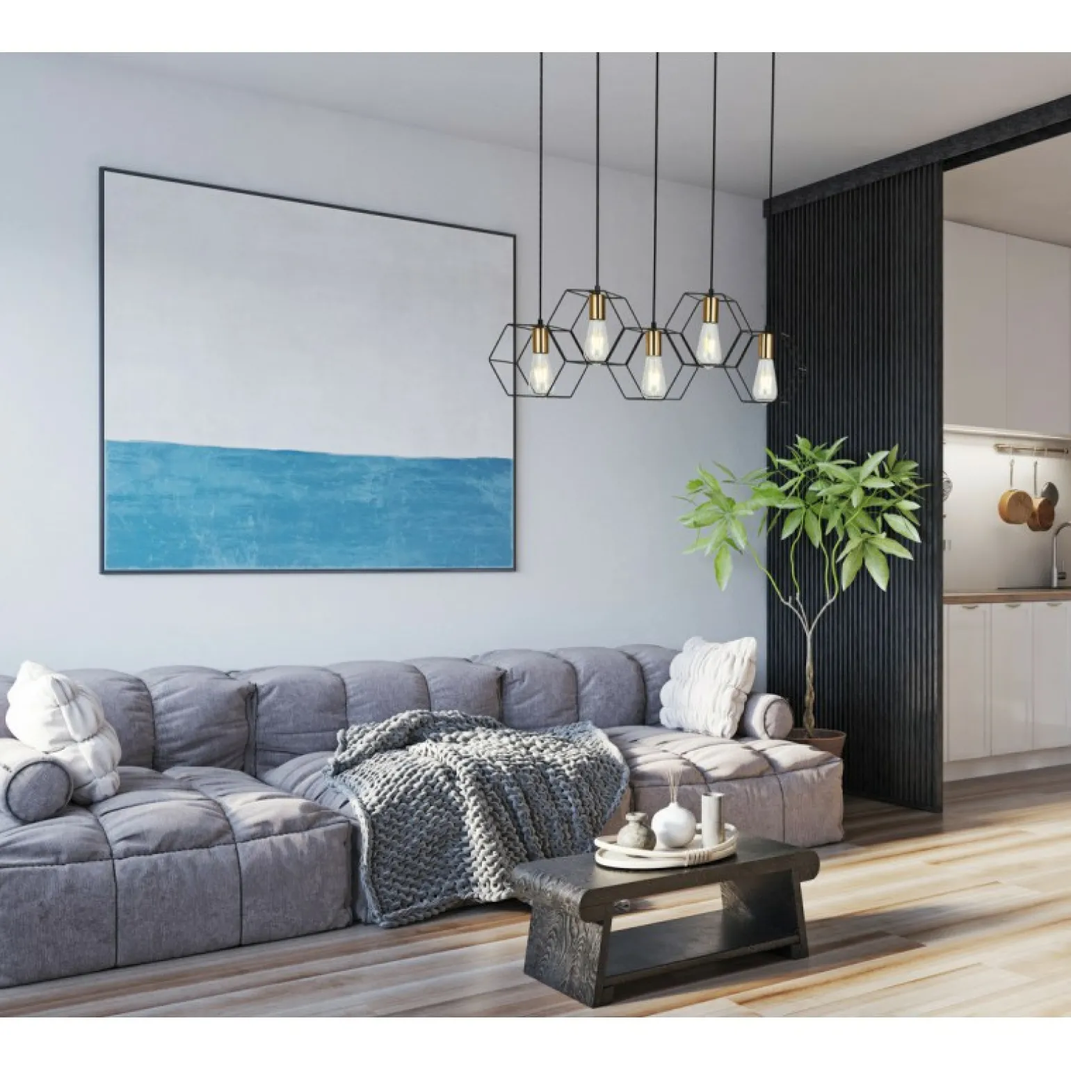 Best Sale Szeroka listwa z drucianymi kloszami PND-74889-5-BK z serii AINA Żyrandole Nowoczesne